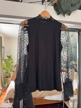 Boden Black Polka Dot Mesh Sleeve Mock Neck Blouse